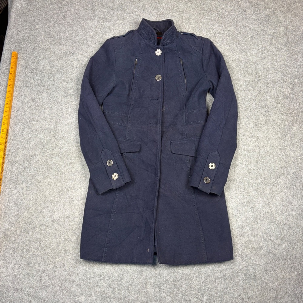 HM Navy Blue Military Wool Blend Coat Womens Size 6 Stand Collar Mid Length